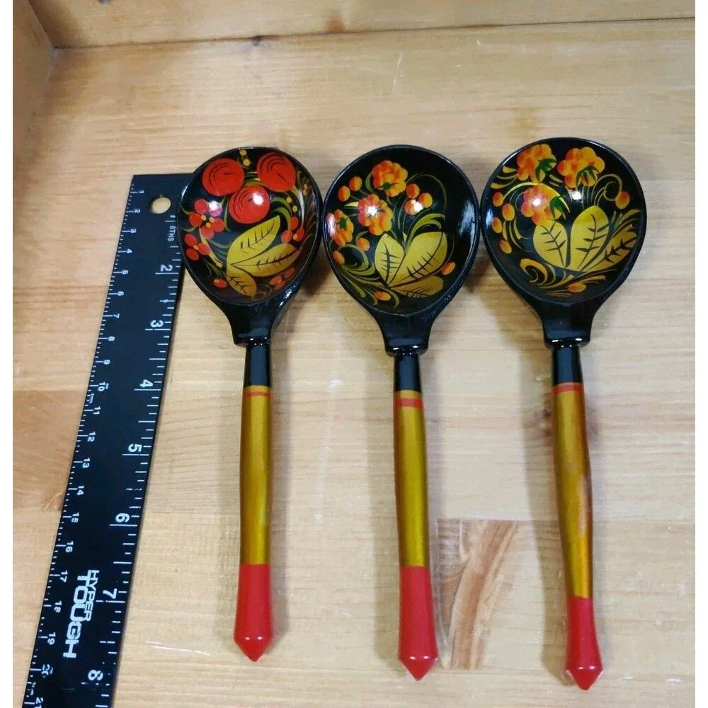 Lot Of 3 RUSSIAN KHOKHLOMA HAND PAINTED LACQUERED WOODEN SPOONS BERRIES 7